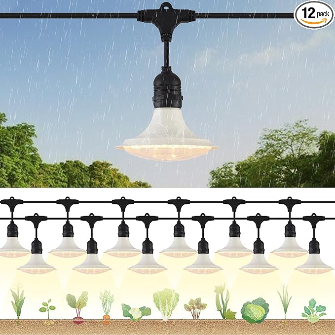 Outdoor LED Grow Lights, Waterproof String Grow Light, Full Spectrum Plant Growing Lights with 42Ft Cord, 12 Lights for Outdoor, Greenhouse Planting, Rainproof and Windproof