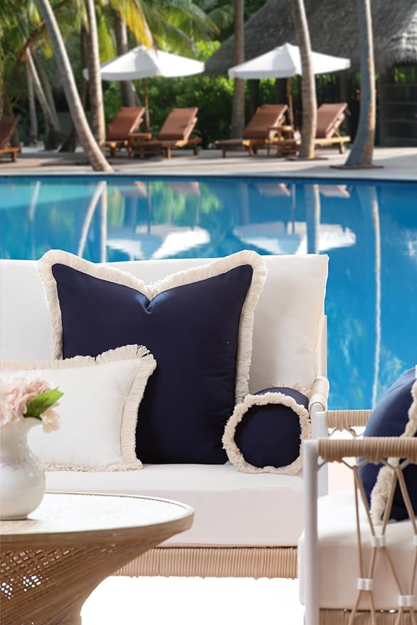 Hofdeco Premium Coastal Hampton Style Patio Outdoor Performance Bolster Pillow Cover Only, 6"x20" Water Repellent, UV and Fade Resistant for Backyard, Couch, Dark Navy Blue Solid with Fringe