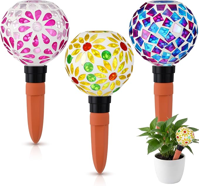 Frienda 3 Pack Mosaic Self Watering Spikes Plant Watering Globes Slow Release Vacation Insert Automatic Plant Waterer Device for Indoor Outdoor Automatic Waterer