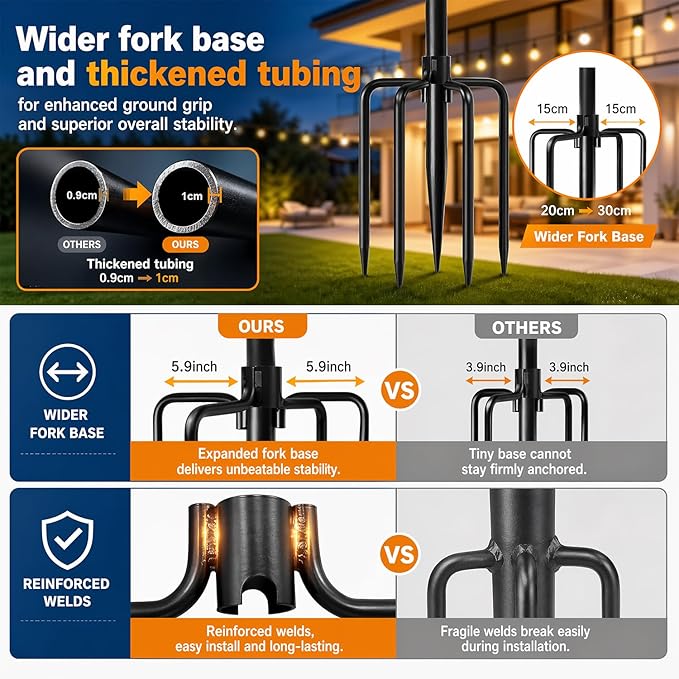 MuliVid 4 Pack String Light Poles for Outdoor,Metal Light Hanging Pole Outside with Fork,Light Stand for Patio, Pergola, Garden, Backyard, Yard, Camping Party (4 Pack)