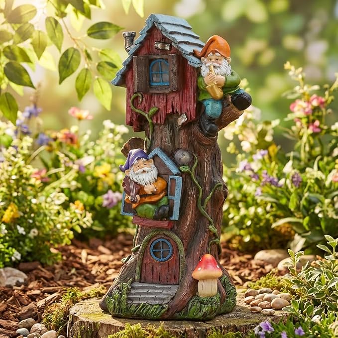 TERESA'S COLLECTIONS 11" Tall Large Garden Statues Gnome Treehouse with Solar Outdoor Light, Dad Gifts for Men,Resin Garden Decor Lawn Ornaments for Patio Yard Decor Gifts for Mom