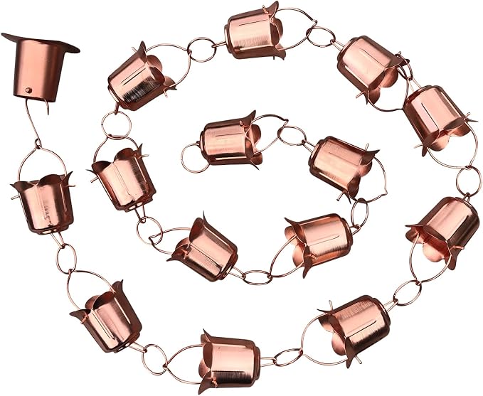 Rain Chains - Pure Copper Tulip Rain Chains for Downspouts. 8.5 Feet Length. Free Gutter Adapter. Windchime and Fountains on Rainy Days.