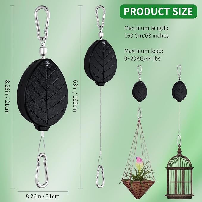 Heavy Duty Retractable Plant Hangers, Adjustable Pull-Down Pulleys with 63" Stainless Steel Rope, Double Hooks for Hanging Plants, Bird Feeders, Planters & Pots, Indoor & Outdoor Use (3Pcs- Black)