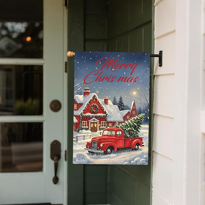 Merry Christmas House Flag 28x40 Inch Red Truck House Xmas Winter Holiday Seasonal Theme Decorative Garden Flags for Outside Double Sided Outdoor Home Farmhouse Decoration Porch Yard Decor