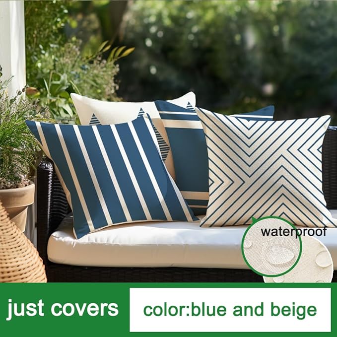 RABUSOFA Outdoor Pillows Waterproof,18x18 inch Blue and White Boho Set of 4 for Patio Furniture,Sunbrella Outdoor Pillow Covers(2B-18) (18"x18")