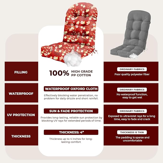 2Pcs Adirondack Chair Cushion Waterproof Indoor Outdoor Rocking Chair Cushion 44 Inches Patio High Back Chair Cushions Thickened Adirondack Rocking Chair Cushions with Ties, Red Peony