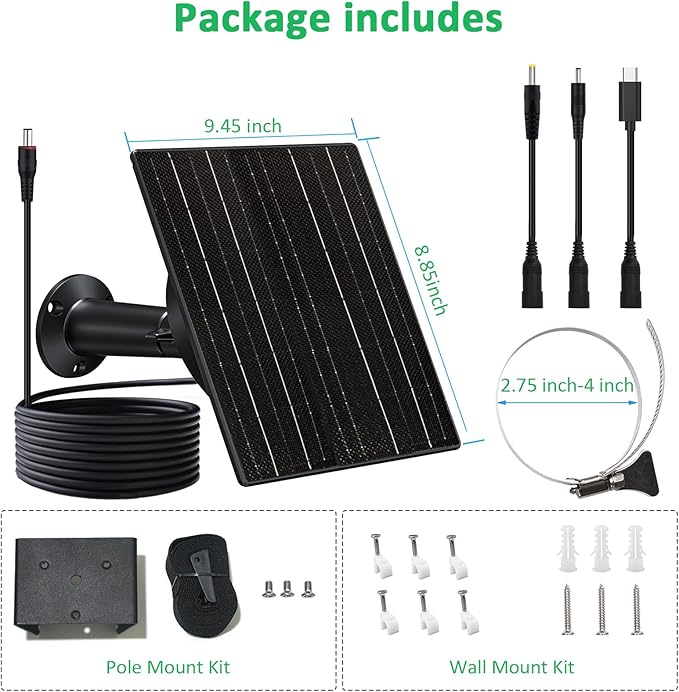 FUTUREZEN Solar Panel for Trail Camera, 10W Solar Battery Charger with 10400mAh Battery, 5V/12V Adjustable Output, USB-C & DC Plugs, IP66 Waterproof, 360° Adjustable Mount, 9.8ft Cable