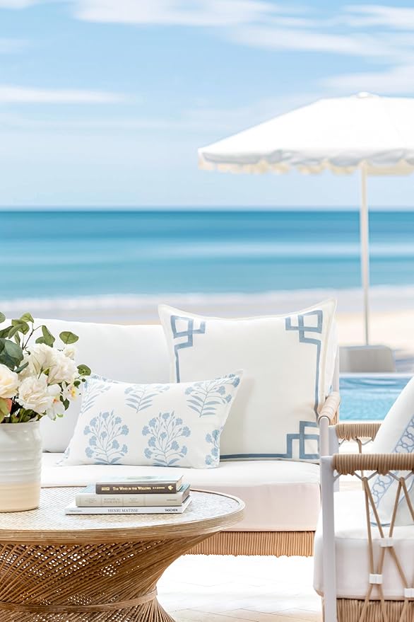 Hofdeco Premium Coastal Patio Indoor Outdoor Lumbar Pillow Cover Only, 12"x20" Water Repellent for Backyard, Couch, Baby Blue Print Floral