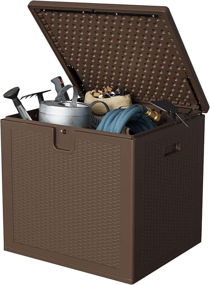 GarveeLife 80 Gallon Outdoor Storage Box, Large Resin Deck Box with Hydraulic Air Rod, Weatherproof & Lockable Outdoor Storage Bin for Patio Cushions, Garden Tools, Pool Supplies, Porch, Brown