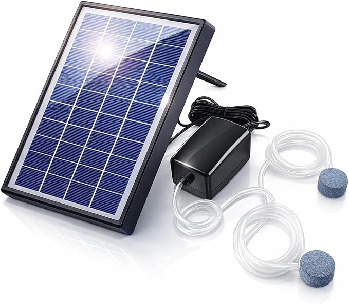 Andoer Pond Oxygenator Solar Powered, Solar Oxygen Pump Aquarium Oxygen Air Pump Fishing Aerator with Pipe 2 Air Bubble Stones for Garden Fish Tank Outdoor Pool Pond (6W)