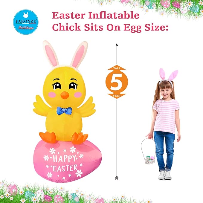 Easter Inflatable Chick On Egg Happy Easter Blow up Outdoor Decoration with LED Lights, Yard Garden Lawn Outdoor Decoration Front Door Holiday Decor (5Ft Chick Sits on Egg)