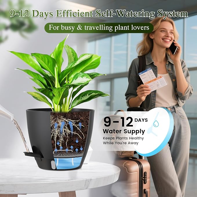 Self Watering Pots with Drainage Holes, 2 Pack 10 Inch Plant Pots with Water Level Indicator Deep Reservoir, Large Plastic Planter for Indoor Outdoor Plants - Black