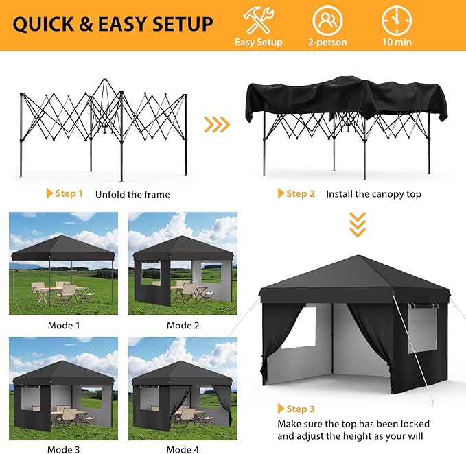 10x10FT Pop Up Canopy Tent Black 210D Oxford Waterproof with 4 Sidewalls Sun Shelter
