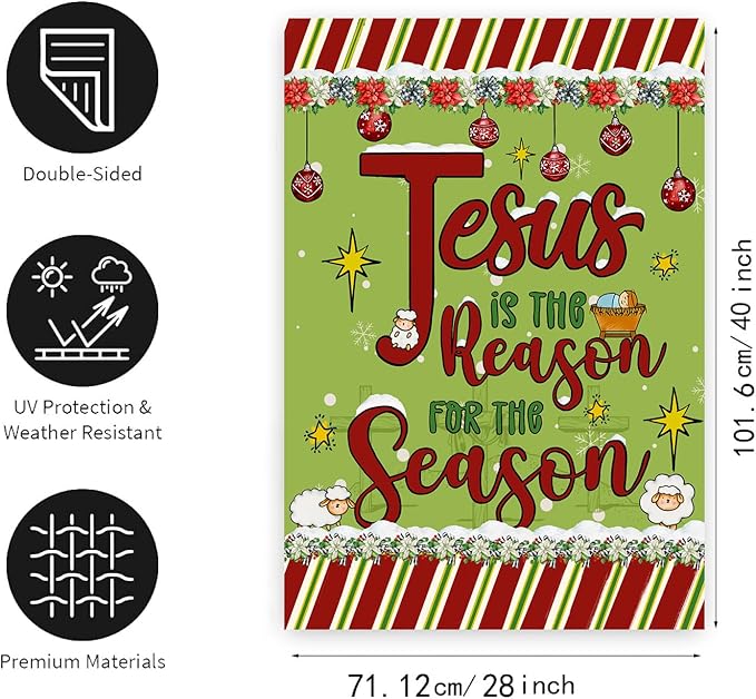 Jesus is the Reason House Flag Christian Christmas Flags 28x40 Double Sided Religious Garden Flag for Outside Large Nativity Flag Outdoor Xmas Winter Decorative Banner