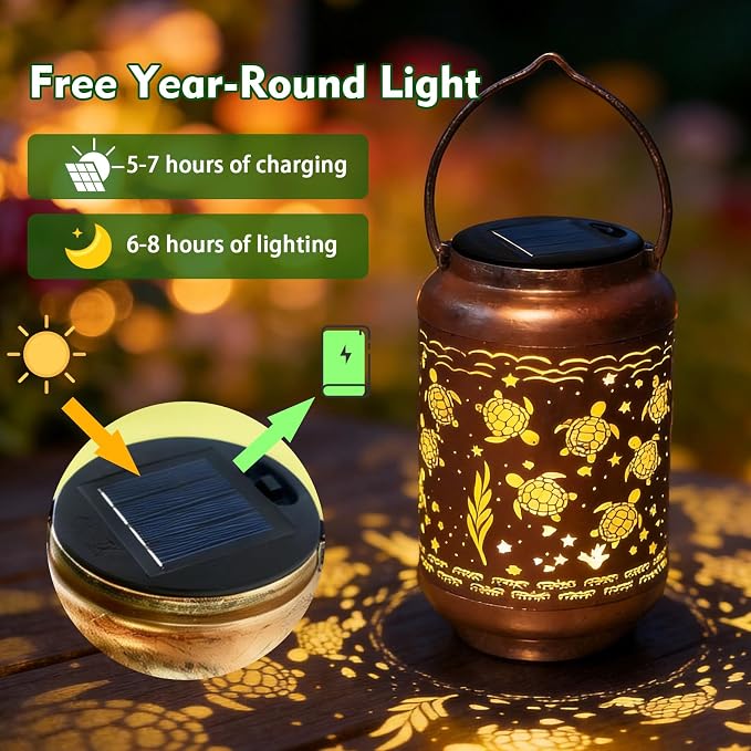 HONGLAND Sea Turtle Solar Lanterns Outdoor Waterproof Hanging Garden Decor, Gifts for Mom Grandma Women, Solar Lights Metal LED with Shepherd Hook for Patio Yard Porch Lawn