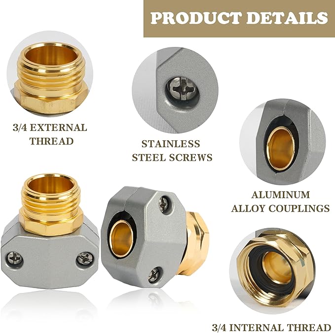 Hourleey Garden Hose Repair Kit, 4 Sets Aluminum Alloy Garden Hose End Mender, Male and Female Water Hose Repair Fittings, Fit 5/8" and 3/4" Garden Hose Connector, with 8 Extra Hose Washers