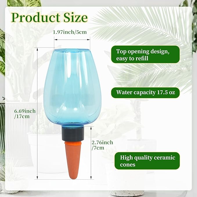 6pcs Plant Self Watering Globes, Plastic Water Bulbs Top Fill, 12.3 oz Plant Watering Devices System Slow Release Terracotta, Water Spikes Stakes for Indoor (Blue-6pack)