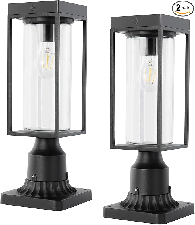 LUTEC 2 Pack Solar Post Lights, Dusk to Dawn Aluminium Lamp with Pier Mount Base, Exterior Black Solar Fence Light Outdoor Waterproof for Garden Yard Patio