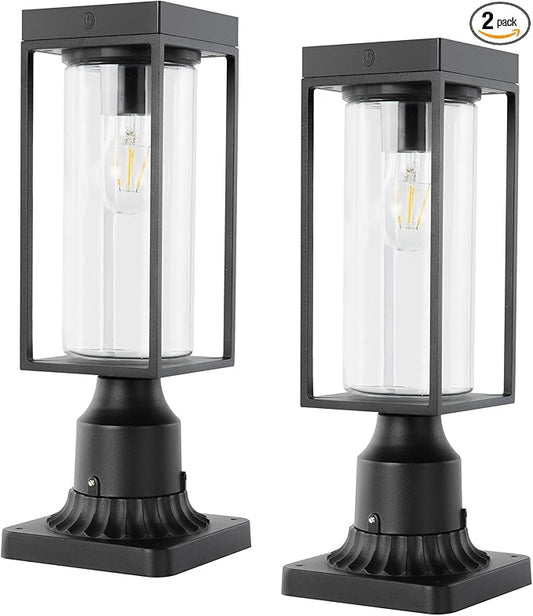 LUTEC 2 Pack Solar Post Lights, Dusk to Dawn Aluminium Lamp with Pier Mount Base, Exterior Black Solar Fence Light Outdoor Waterproof for Garden Yard Patio