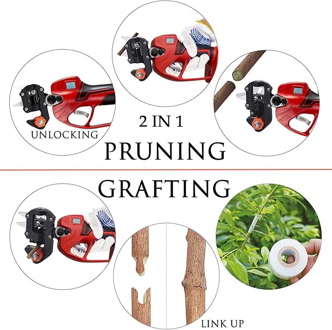 Electric Pruning Shears Cordless 2-in-1 Grafting Tool Kit, 3 Replaceable Cut Blades (Ω/U/V), 2×2000mAh Batteries, LCD Display Power Grafting Tool for Tree Branch Garden (grafting & shear)