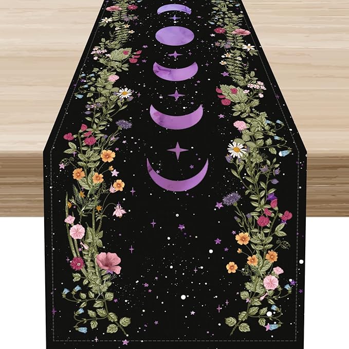 Boho Floral Table Runner, Spring Gothic Wild Flower Purple Moon Phase Star Seasonal Mystical Coffee Table Center Decor for Family Holiday Party Kitchen Outdoor Farmhouse Table Decorations, 13"x108"