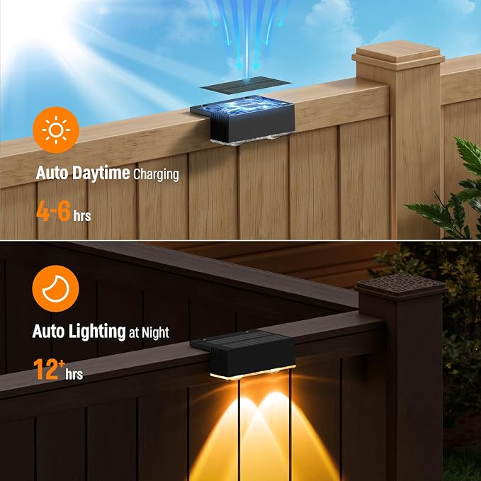 NIORSUN Solar Fence Lights,6 Pack Deck Light,Led Outdoor Lights Warm White + RGB Wall Lights,IP45 Solar Powered Light Waterproof for Backyard/Pool/Railing/Patio/Porch/Step/Outside/Garden (Black)