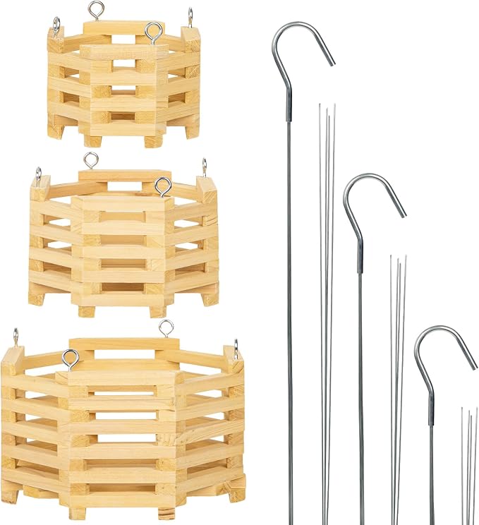 Wooden Orchid Baskets with Hangers for Ferns & Vandas, 6", 8" & 10" Octagon Wood Hanging Planter Set for Patio, Balcony Decor, Garden Flower Pots for Indoor Outdoor Plants, 3 Pack