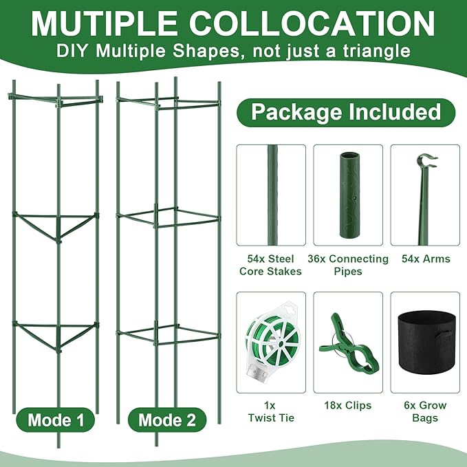 Wenqik 6 Packs Tomato Cage with 7 Gallon Grow Bags 47 Inch Tomato Planter with Trellis 18 Pcs Clips and 328ft Twist Tie Garden Tomato Pot for Vertical Climbing Plants Cucumber