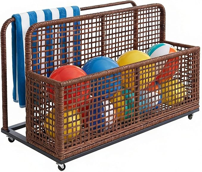 Rolling PE Rattan Pool Float Storage Bin with Wheels – 43" Outdoor Wicker Caddy with Compartment & Basket for Towels, Toys, Patio Accessories – Brown
