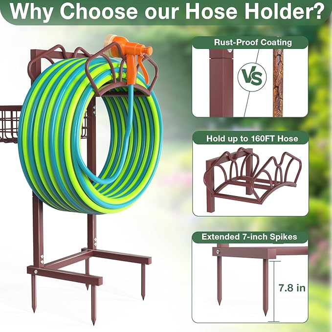 Qatsrin Upgraded Garden Hose Holder with Large Basket, Heavy Duty Water Hose Holder Supports 160-ft Hoses, Freestanding Detachable Hose Stand Storage Reel Hanger Rack for Yard Lawn Farm, Bronze