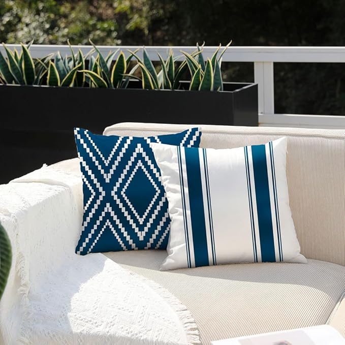 DFXSZ Outdoor Pillow Covers 18x18 Inch Set of 4 Blue Waterproof Modern Geometry Throw Pillows Outdoor Summer Waterproof Decor for Patio Funiture Garden Polyester Cushion Covers 013K18