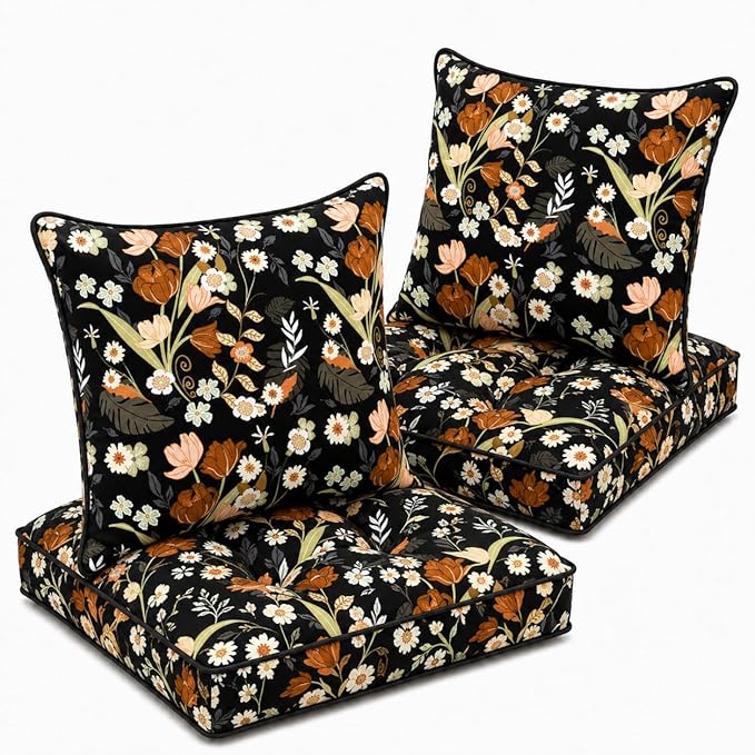 22x22 Waterproof Outdoor Chair Cushions Set of 2, Patio Cushions for Outdoor Furniture Water-Resistant & Fade-Resistant, Deep Seat & Back Cushion for Wicker Sofa (Black Floral)