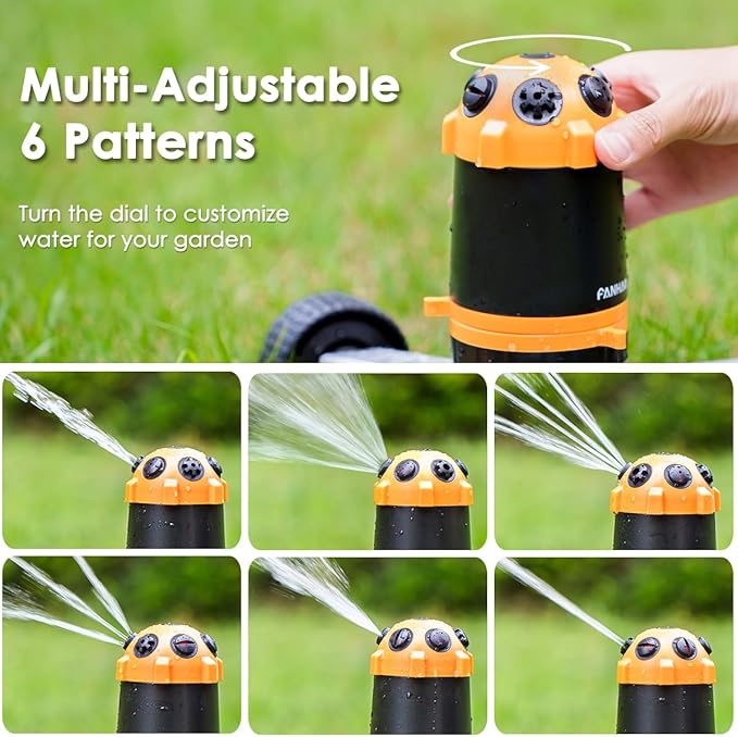 FANHAO Gear Drive Lawn Sprinkler with Metal Wheel Base, Heavy Duty 6-Pattern Water Sprinkler System, Adjustable Irrigation Sprinkler for Large Area Watering, Garden Plant, Yard and Flower Bed