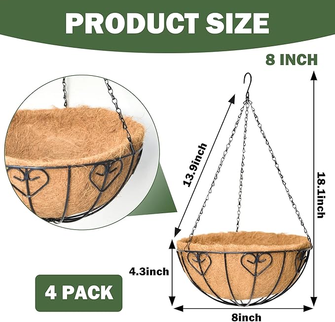 4 Pack 8 Inch Hanging Baskets for Plants Outdoor Metal Hanging Planter Basket with Coco Coir Liner Hanging Flower Baskets for Garden, Patio(Modern)