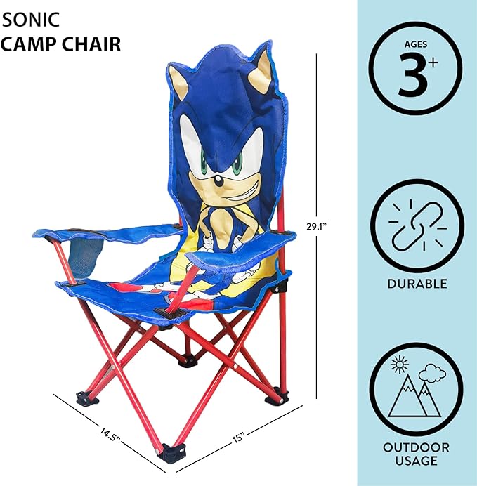 Sonic Figural Folding Camp Chair for Kids – Portable Outdoor Chair with Carrying Case, Lightweight and Durable, Indoor/Outdoor Seating for Ages 3+, Perfect for Camping or Backyard
