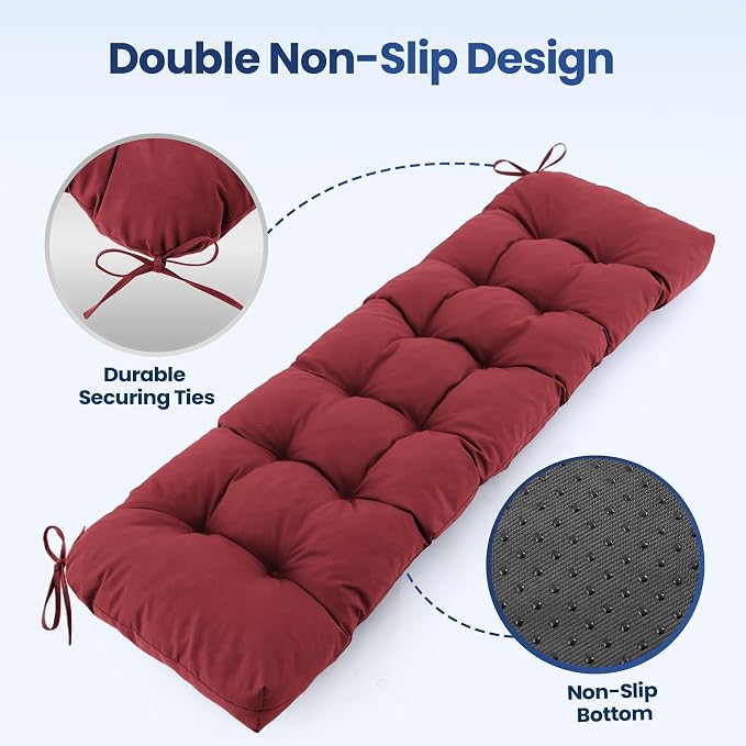 IASEAHK Outdoor Bench Cushion 48x18x5 Inch, Waterproof & Fade-Resistant Patio Furniture Cushions, Tufted Memory Foam Indoor/Outdoor Cushions for Couch Swing with Non-Slip Backing & Straps, Burgundy