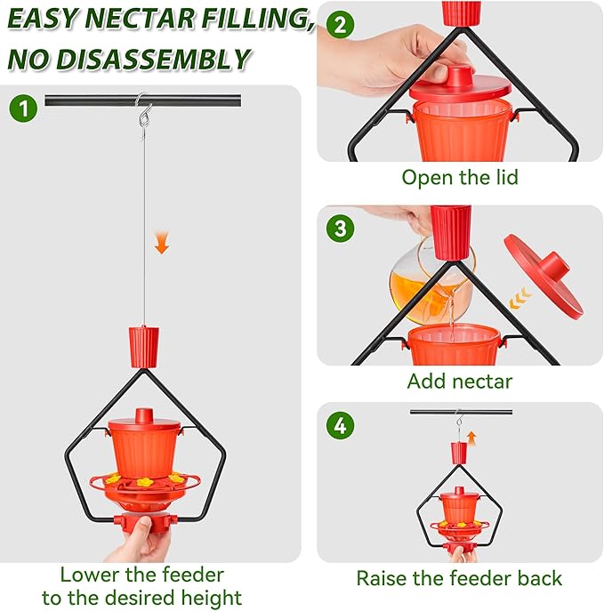 Retractable Hummingbird Feeder – 6 Feeding Ports, Leak-Proof, Ant & Bee Proof, Easy Top-Fill & Easy to Clean, Durable ASA Plastic, 18.5 oz Capacity, Adjustable Hanging System with 44" Extension(Red)