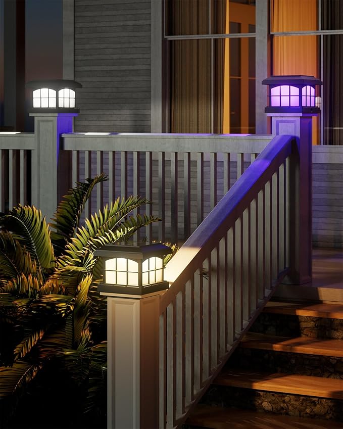 PARTPHONER RGBCW Solar Post Cap Lights 12-Pack, 9 Colors 3 Modes Fence Cap Lights, Bright Solar Outdoor Waterproof LED Deck Lighting for Fence Garden Deck Patio Porch Decor 4x4 Vinyl/Wood, Black