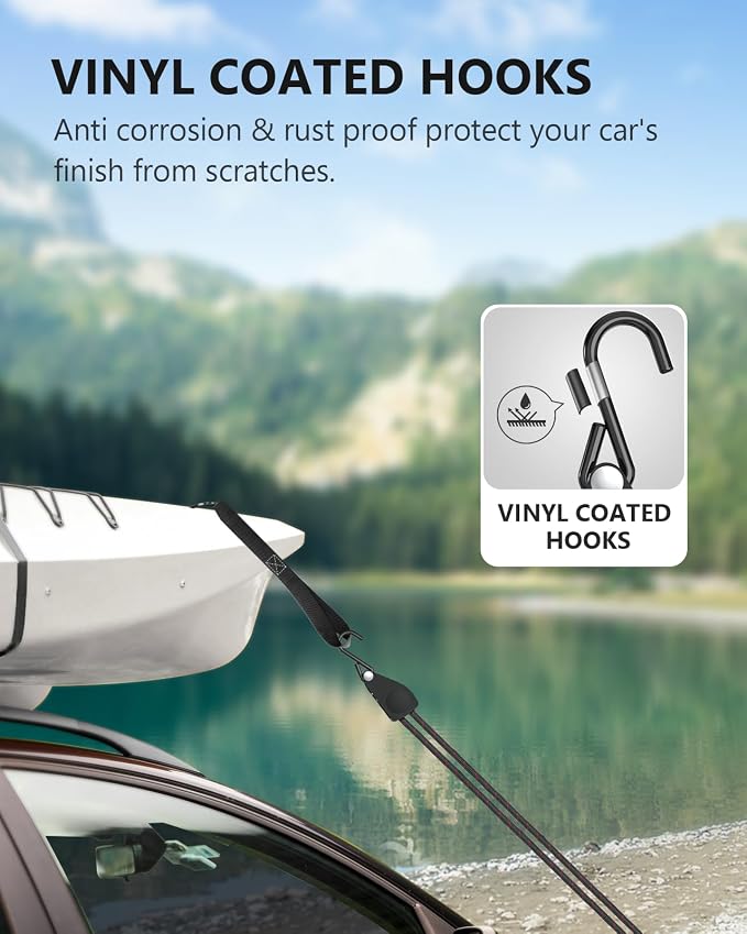 Kayak Straps Tie Downs 8 Pack Set, Roof Rack Straps Adjustable Ratchet Tie Down Straps with Lock S Hooks, 1/4 Inch 12 Feet Ratchet Straps for Small Cargo, Kayak-Soft Loops, Packing, Camping Gear
