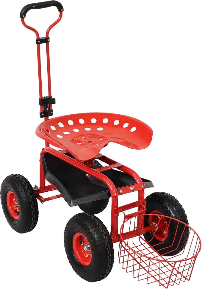 Sunnydaze Garden Cart with Wheels - Garden Stool on Wheels - Rolling Gardening Seat with Extendable Handle - Swivel Seat - Red