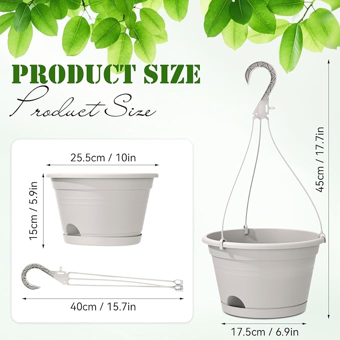 Roshtia 10 Pcs 10 Inch Hanging Baskets for Plants Large Plastic Hanging Basket Pots with Drainage Trays Self Watering Planter Pots for Outdoor Indoor Plants Flowers Garden Balcony (Grey White)
