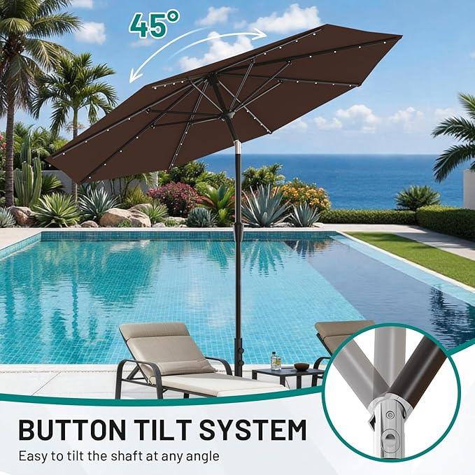 AreShark 9FT Patio Umbrella with Solar Lights, 32 Lighted Pool Umbrella w/Tilt and Crank, Outdoor Market Solar Umbrellas for Garden, Deck, Backyard, Pool and Beach, Brown