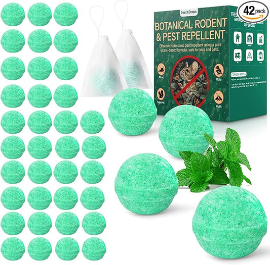 Rodent Mouse Repellent Balls 42 Pack, Moth Balls for Rodents Mouse Deterrent, Peppermint Oil Pest Control for Rodents, Squirrels, Skunk, Mole, Gopher, Pets Safe, Indoor and Outdoor Use
