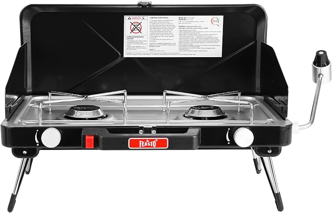 Feasto 2 Burner Propane Camping Stove with Folding Legs, Outdoor Portable Camp Stove with Push-Button Ignition & Wind Guards for Camping, Tailgating, BBQ, & More, Black
