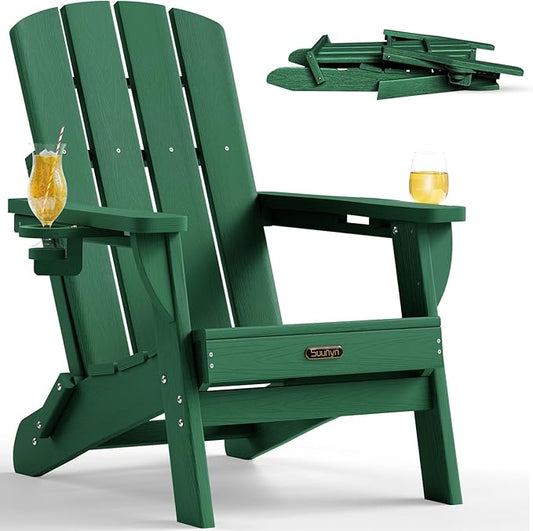 Folding Adirondack Chair, HDPE Adirondack Chairs with 2 Cup Holder, Plastic All-Weather Fire Pit Chairs, Outdoor Lawn Chair for Patio Garden (Green)