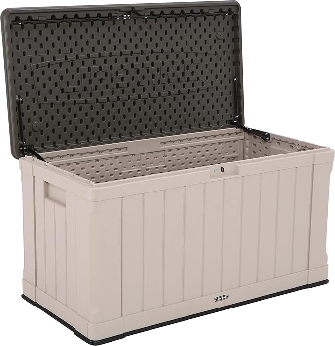 Lifetime 60186 Heavy-Duty Outdoor Storage Deck Box, 116 Gallon, Desert Sand/Brown & 60372U Outdoor Storage Cube Deck Box for Patio Furniture Cushions, Toys, Garden Tools, Pool Accessories, Gray