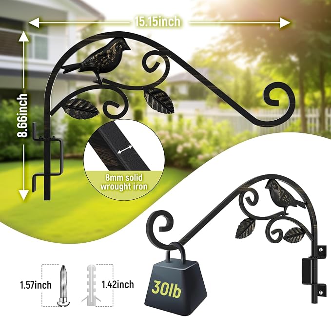 Plant Hangers Outdoor 15.15 inch Swivel Plant Wall Hanger, Sturdy Wrought Iron Hanging Plant Hooks, Hanging Plant Bracket Indoor&Outdoor for Bird Feeders, Planters, Lanterns, Wind Chime 1 Pack