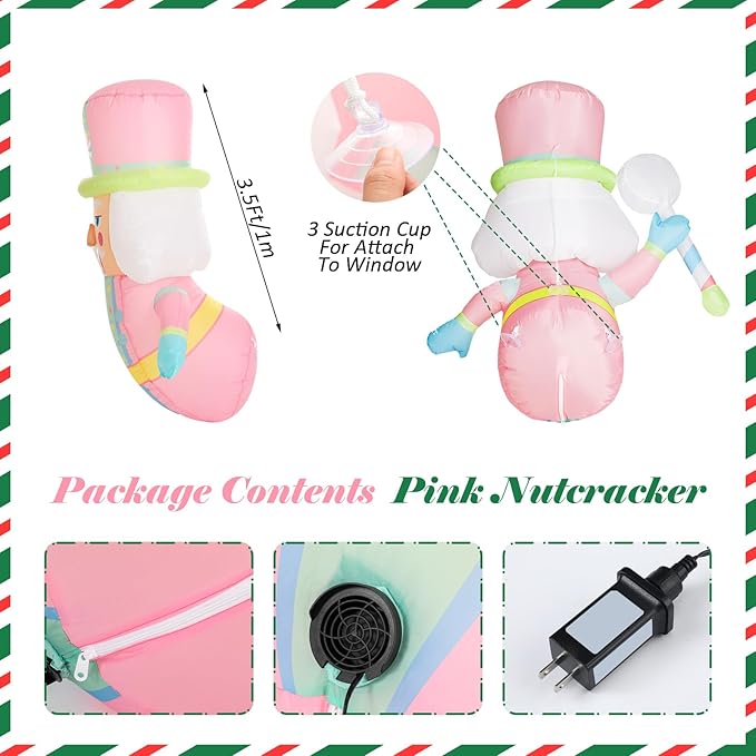 Leyndo 3.5 Feet Christmas Inflatables Pastel Nutcracker with LED Lights Christmas Window Blow up Pink Nutcracker Decorations Hold Pastel Peppermint Lollipop Xmas Holiday Outdoor Decorations
