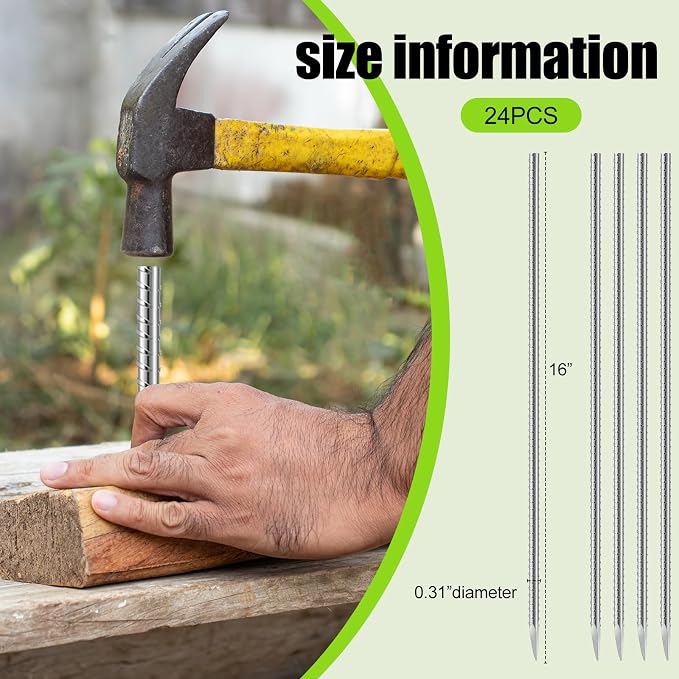 Gisafai 24 Pcs 16 Inch Giant Skeleton Accessories Heavy Duty Ground Anchors Steel Plant Support Garden Stake Halloween Inflatable Outdoor Decorations Ground Stake for Concrete Timber Garden Tent