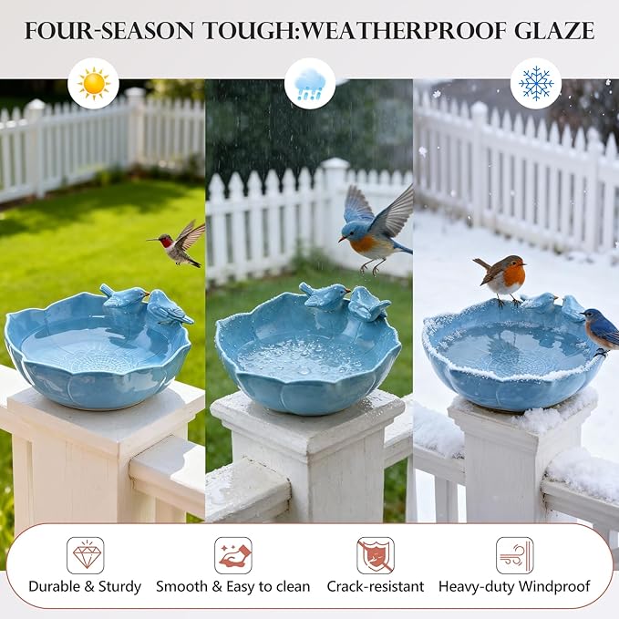 Ceramic Bird Bath for Outdoors, 10.1” Hand-Painted Glazed Ceramic Bird Baths Bowls and Feeders for Outside, UV/Frost-Resistant Finish Ground Garden Table Top Bird Baths Decor for Patio Yard Home Green